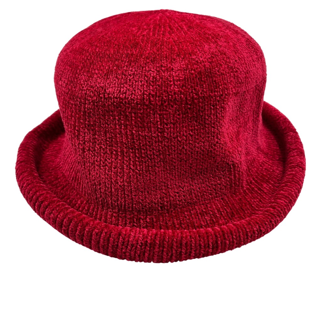 Aris Red Chenille Knit Bucket Hat Rolled‎ Brim One Size Womens Soft Plush 814B1